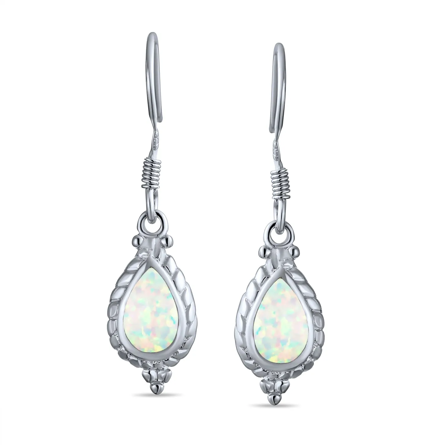 Antique Style Dangle Gemstone Earrings with Iridescent Opal in Sterling Silver