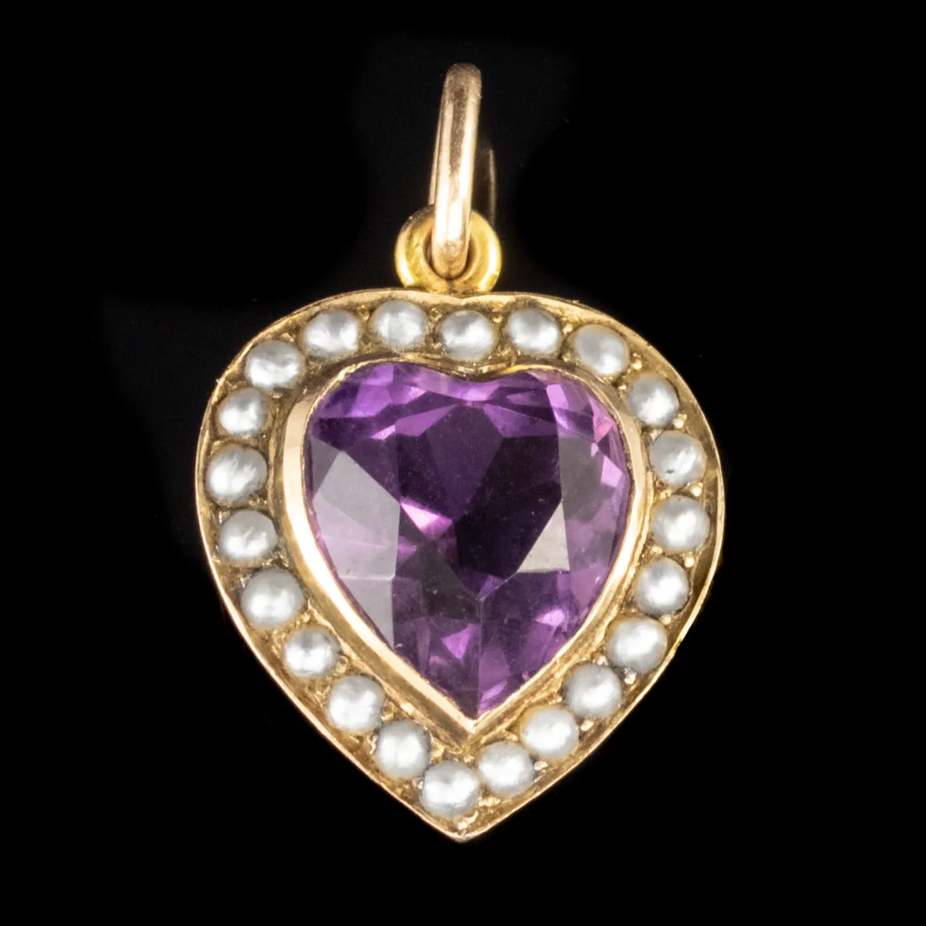 Antique Victorian 3.25Ct Amethyst Pearl Heart Pendant 9Ct Gold Circa 1880