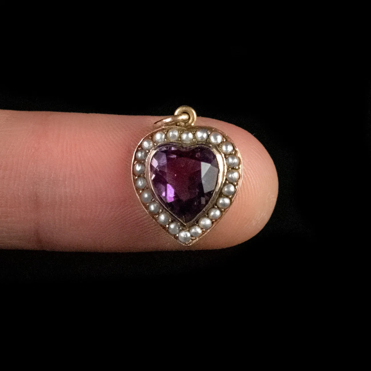 Antique Victorian 3.25Ct Amethyst Pearl Heart Pendant 9Ct Gold Circa 1880