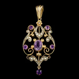 Antique Victorian 9Ct Gold Amethyst Pearl Pendant Circa 1900