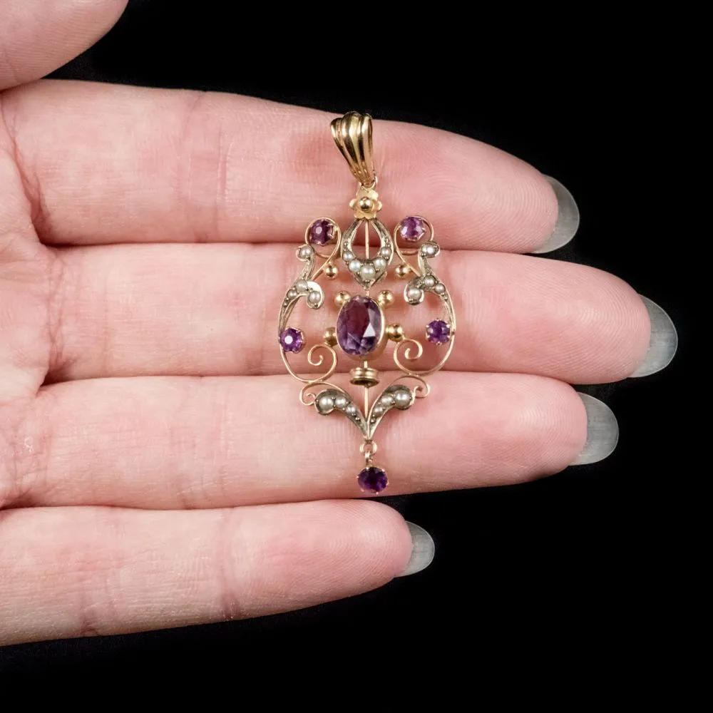 Antique Victorian 9Ct Gold Amethyst Pearl Pendant Circa 1900