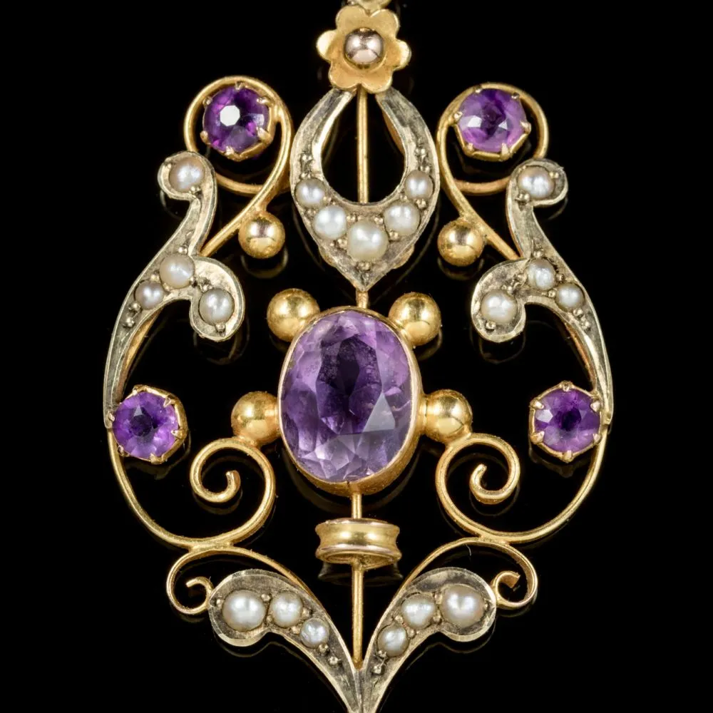 Antique Victorian 9Ct Gold Amethyst Pearl Pendant Circa 1900