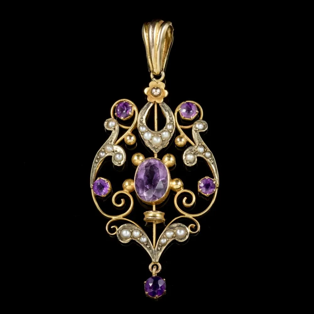 Antique Victorian 9Ct Gold Amethyst Pearl Pendant Circa 1900