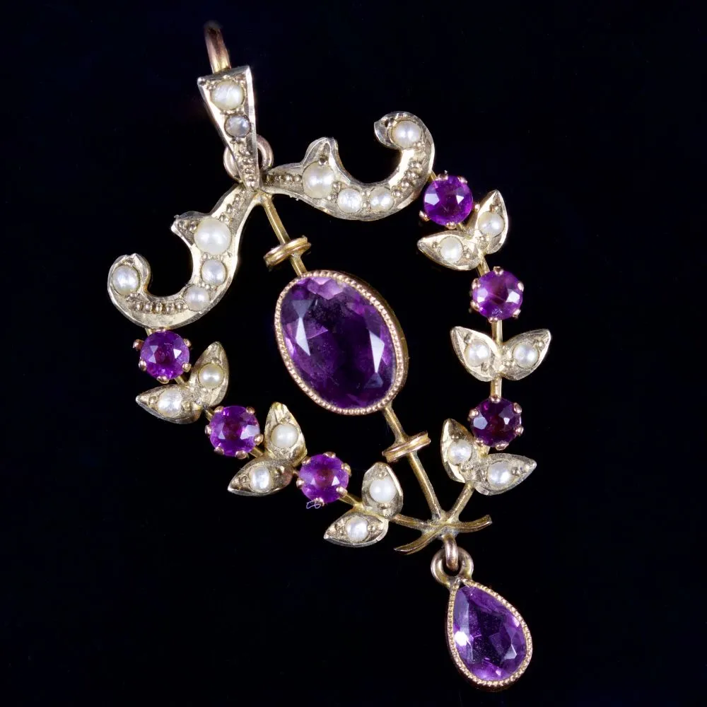 Antique Victorian Amethyst Pearl Pendant 9Ct Circa 1900