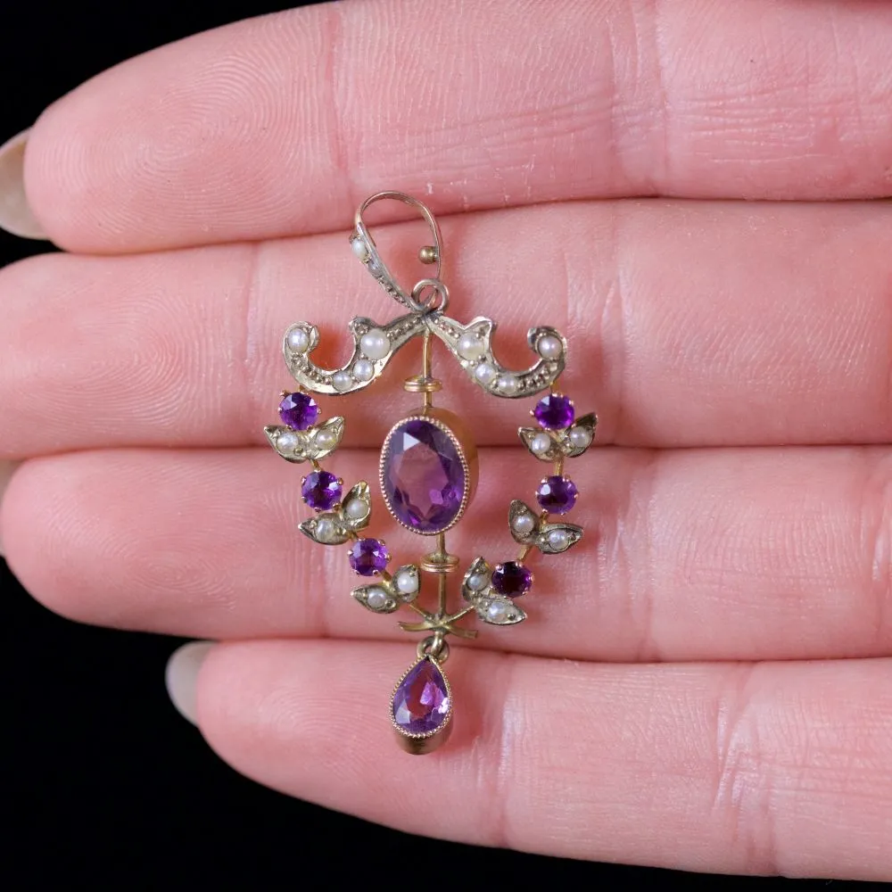 Antique Victorian Amethyst Pearl Pendant 9Ct Circa 1900