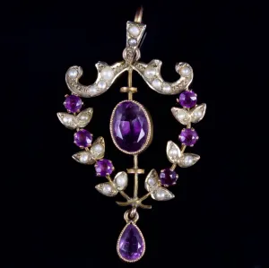 Antique Victorian Amethyst Pearl Pendant 9Ct Circa 1900