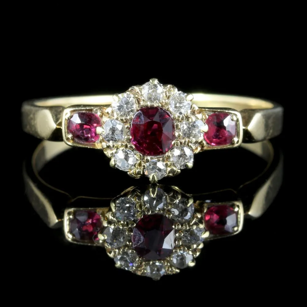 Antique Victorian Ruby Diamond Cluster Ring 18Ct Gold Circa 1880