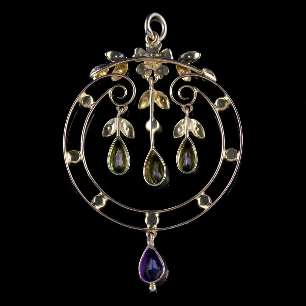 Antique Victorian Suffragette Pendant 15Ct Gold Peridot Droppers Circa 1900