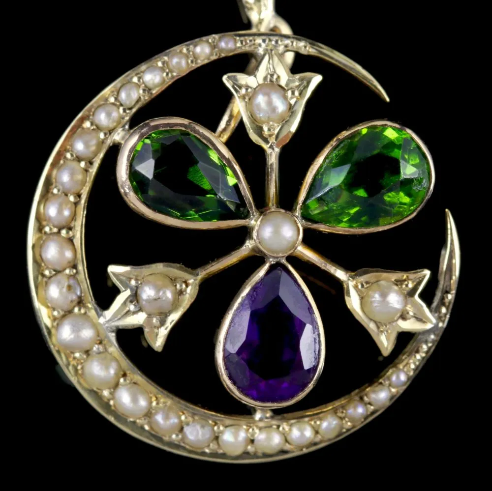 Antique Victorian Suffragette Pendant Amethyst Pearl 9Ct Gold Circa 1900