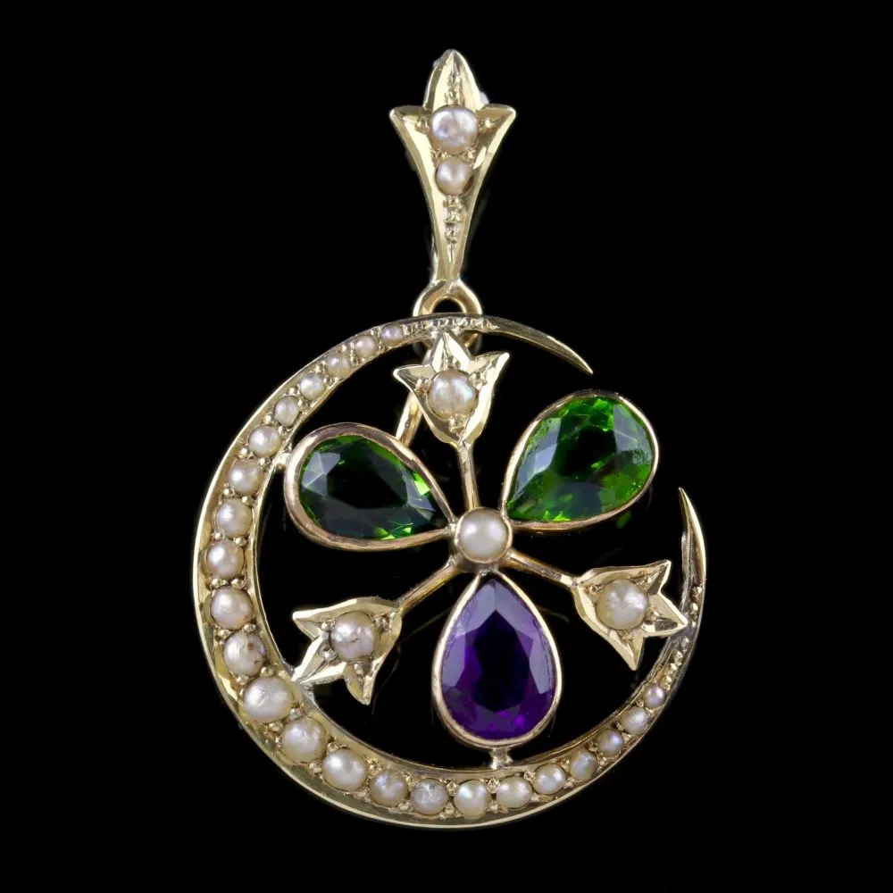 Antique Victorian Suffragette Pendant Amethyst Pearl 9Ct Gold Circa 1900