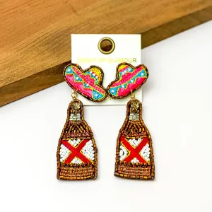 Beaded Gold Beer Bottle Earrings with Sombrero Studs