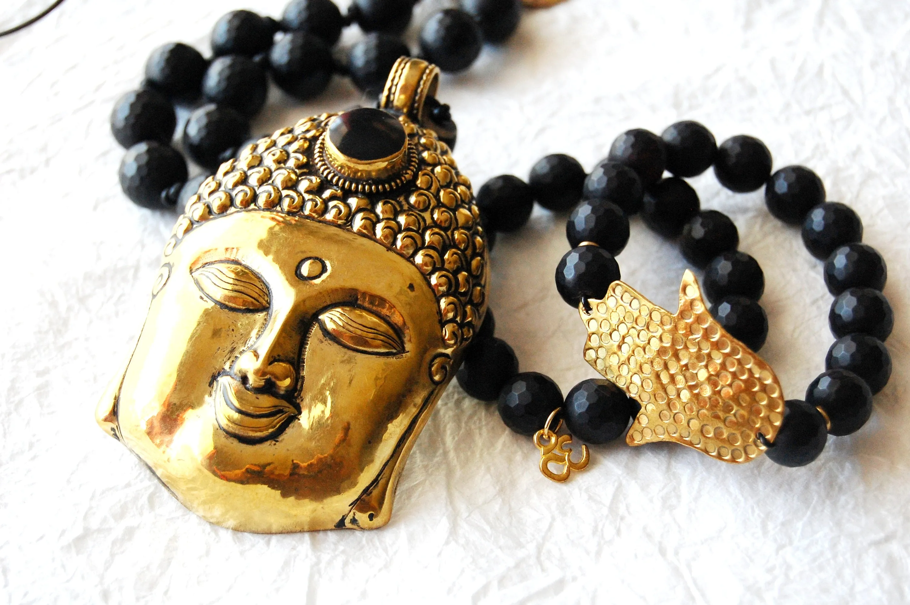 Black Onyx Beads Large Buddha Head Pendant Zen Inspired Necklace, ZL04172 Big Buddha Ebony