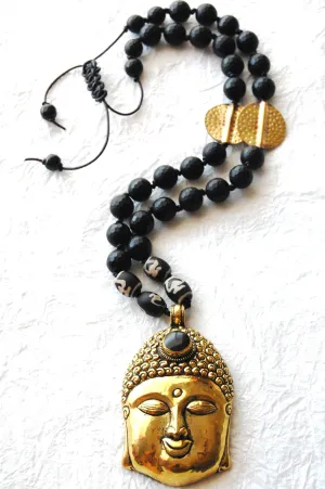 Black Onyx Beads Large Buddha Head Pendant Zen Inspired Necklace, ZL04172 Big Buddha Ebony