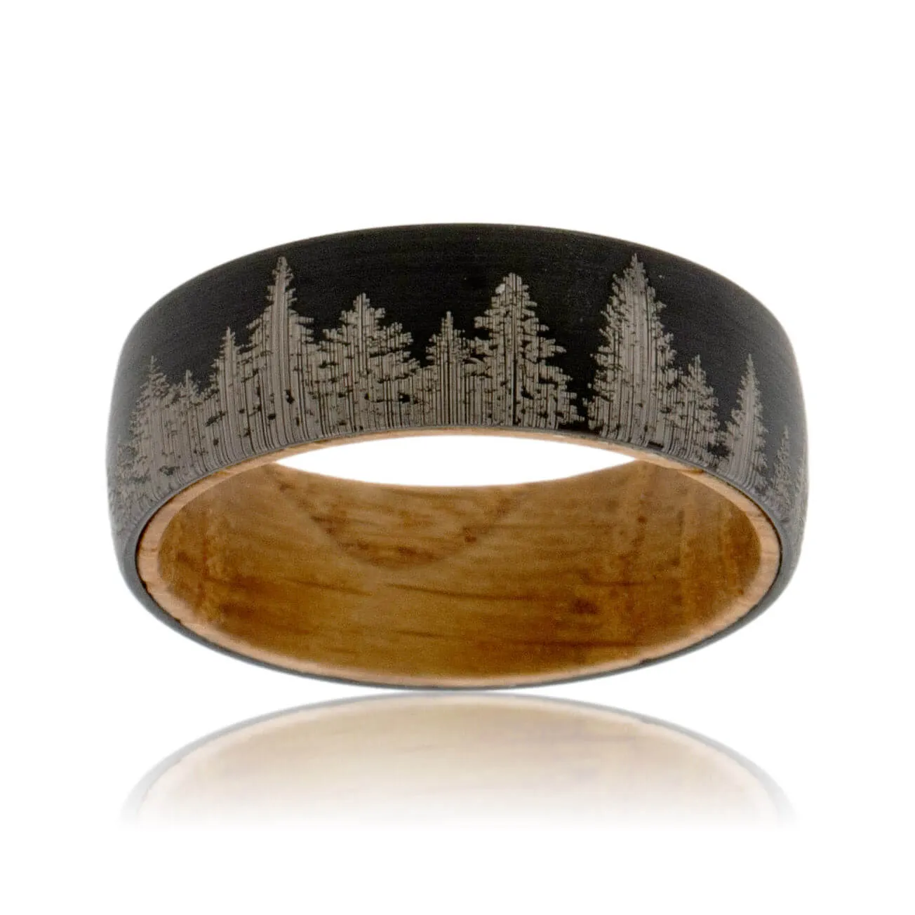 Black Tungsten & Whisky Barrel with Laser Engraved Treeline Ring