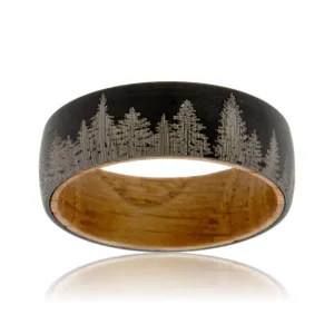 Black Tungsten & Whisky Barrel with Laser Engraved Treeline Ring