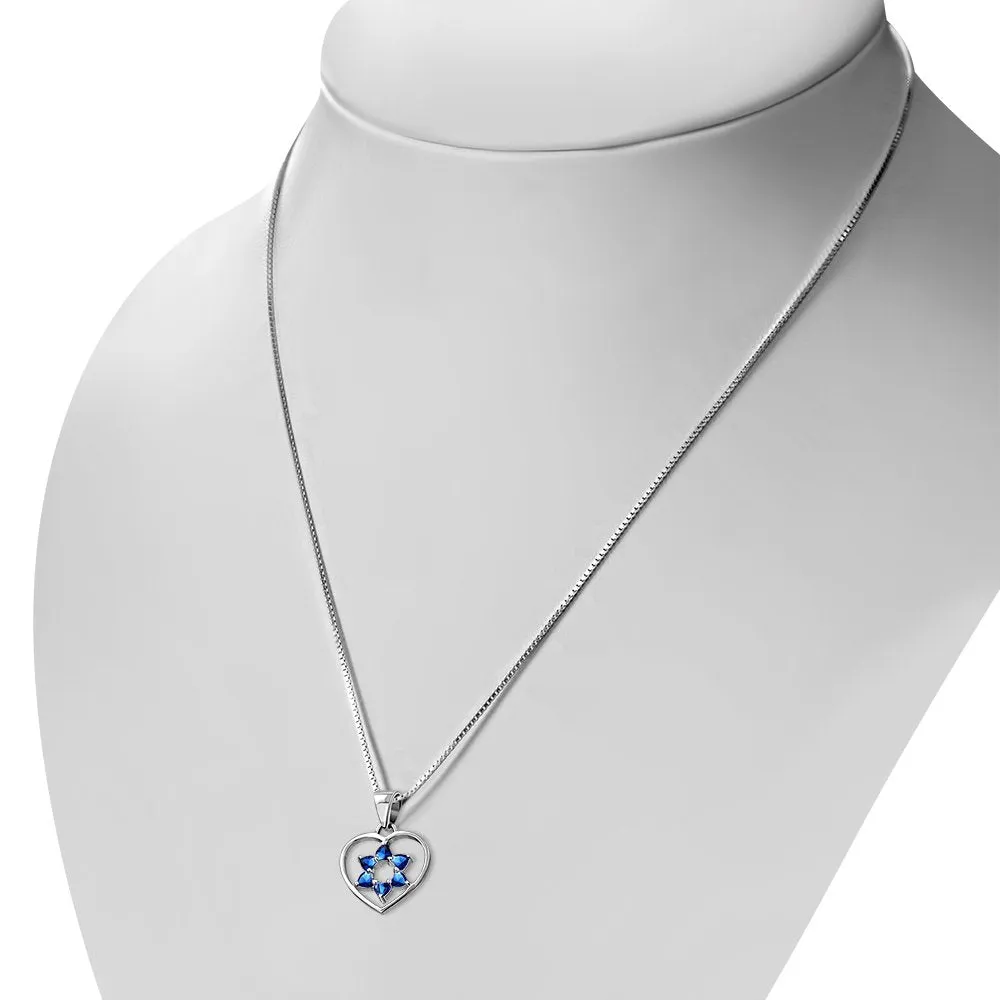 Blue Sapphire CZ Heart Star David Silver Pendant