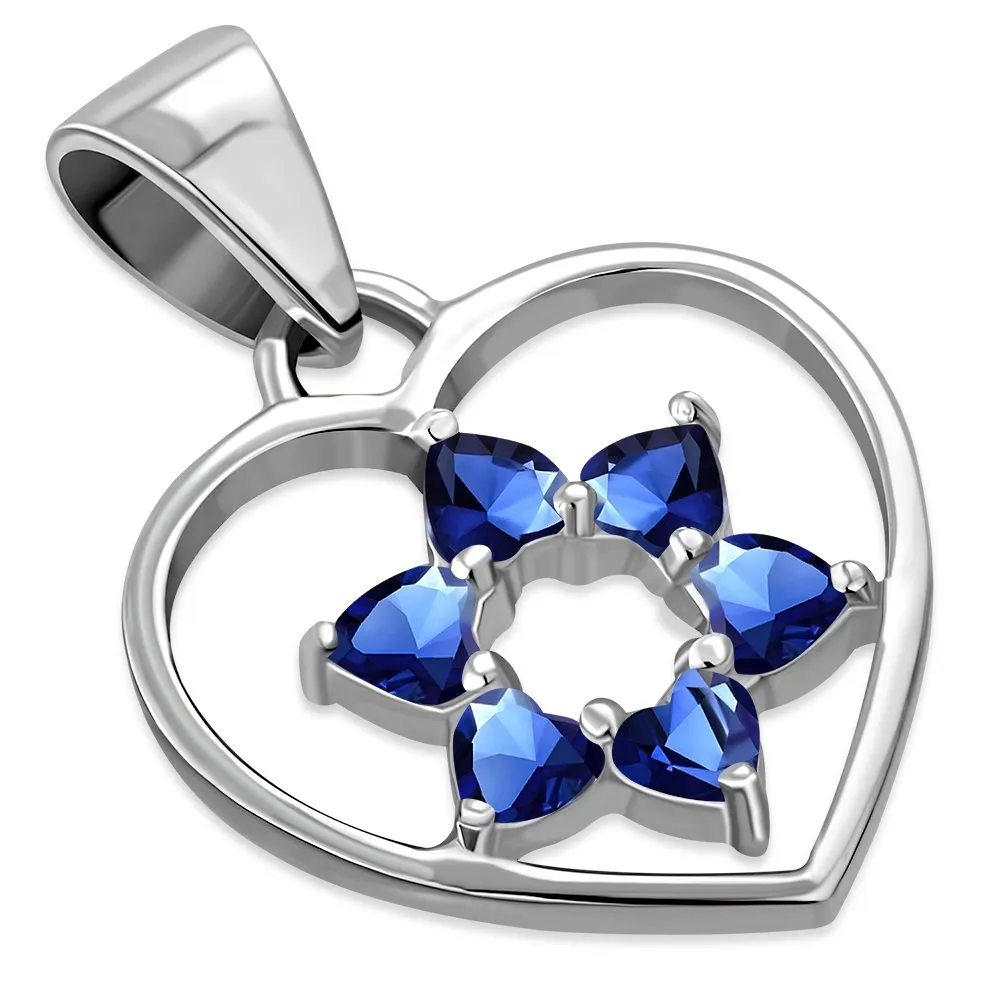 Blue Sapphire CZ Heart Star David Silver Pendant