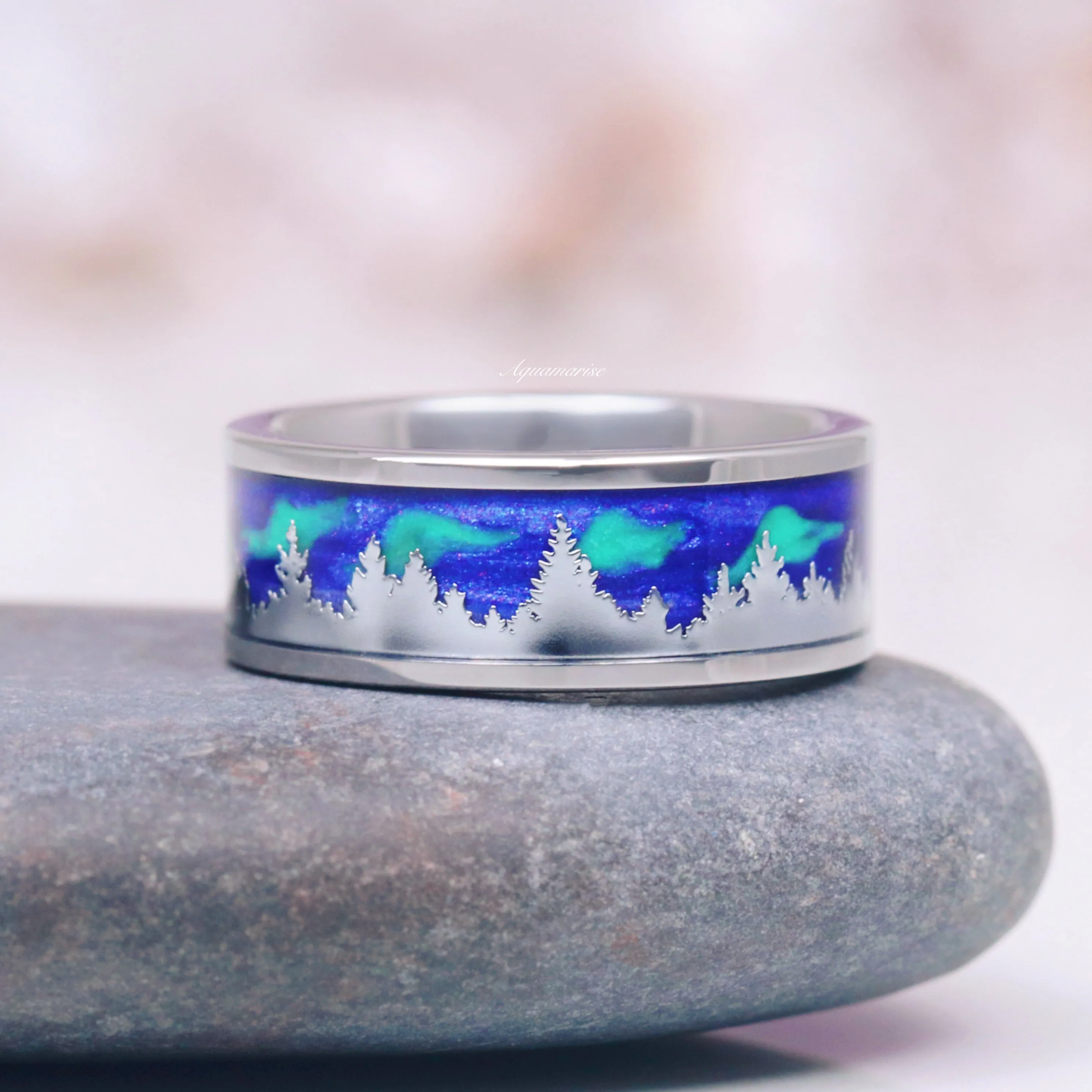 Borealis & Tanzanite Couples Ring Set- Northern Lights & Trees