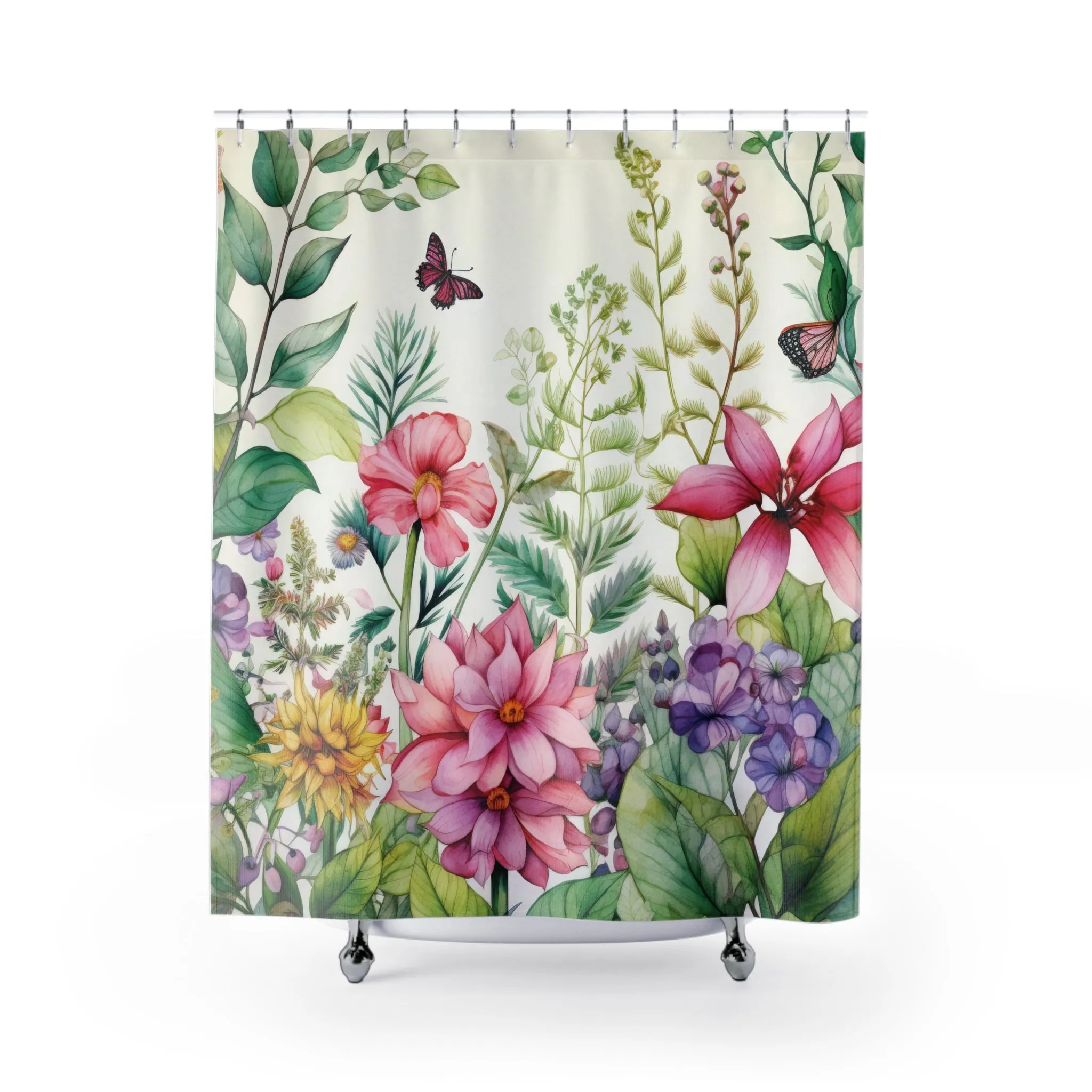 Botanical Floral Watercolor Shower Curtain 71x74