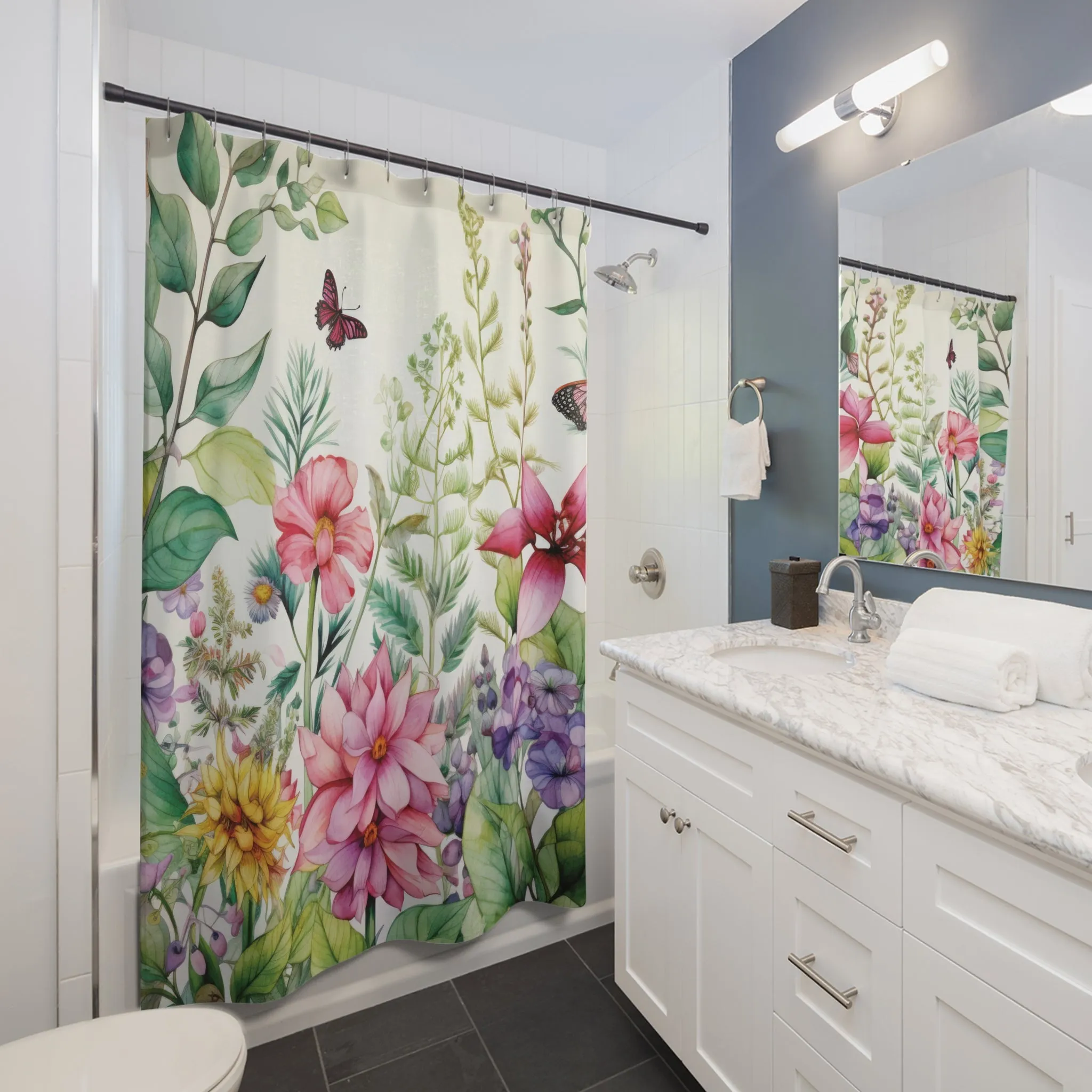 Botanical Floral Watercolor Shower Curtain 71x74