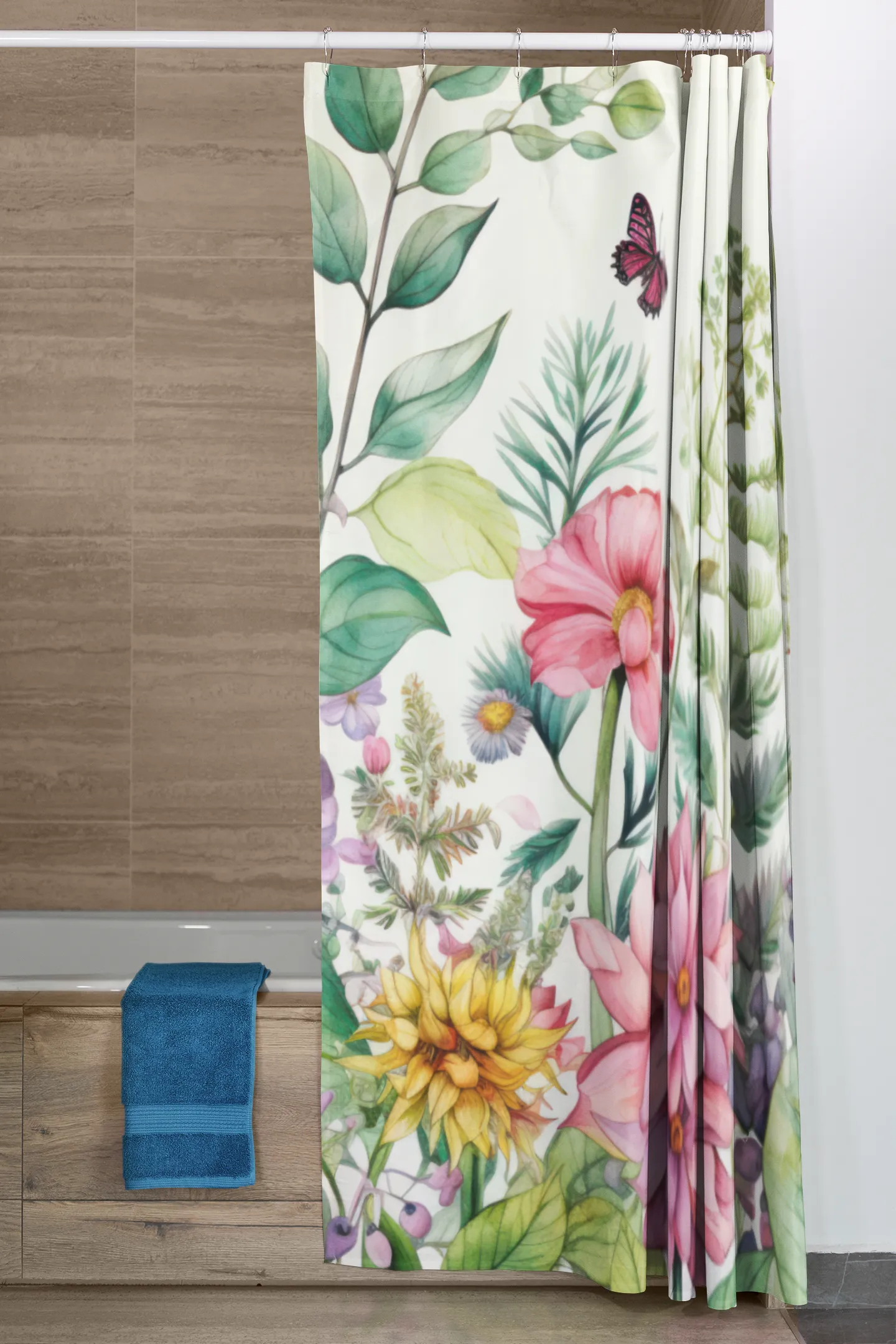 Botanical Floral Watercolor Shower Curtain 71x74