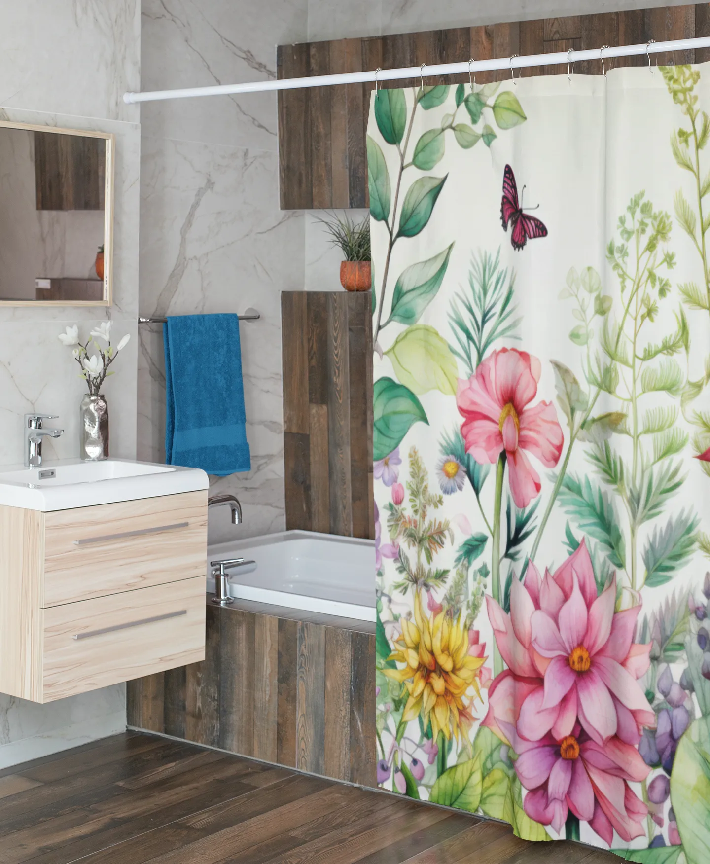 Botanical Floral Watercolor Shower Curtain 71x74