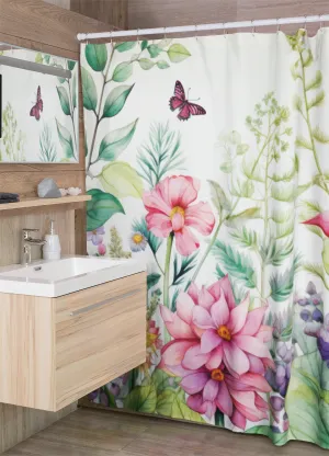 Botanical Floral Watercolor Shower Curtain 71x74