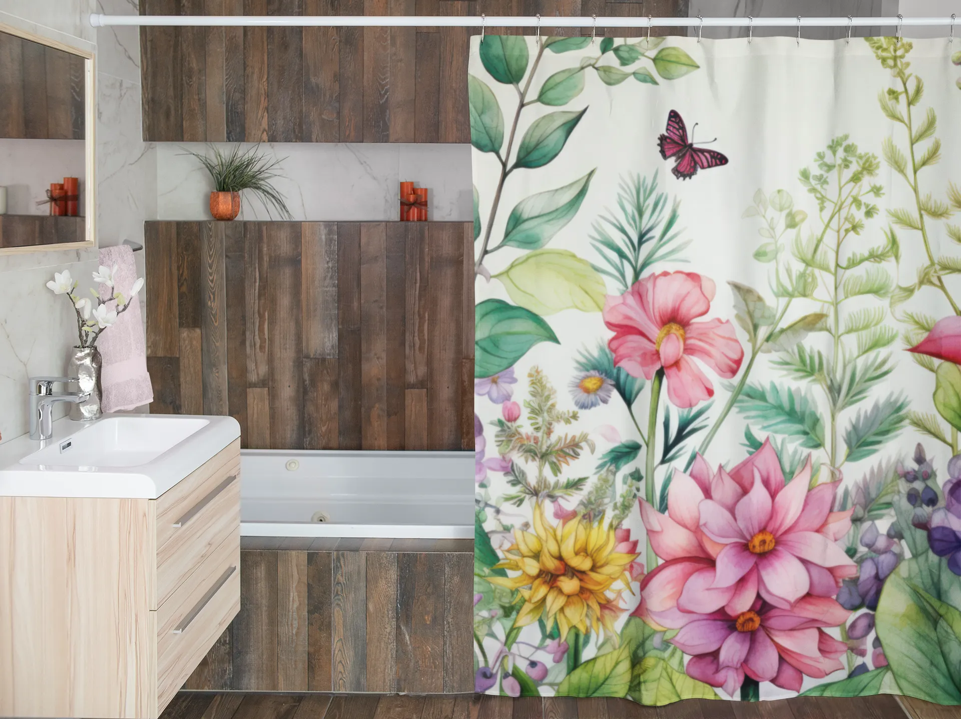 Botanical Floral Watercolor Shower Curtain 71x74