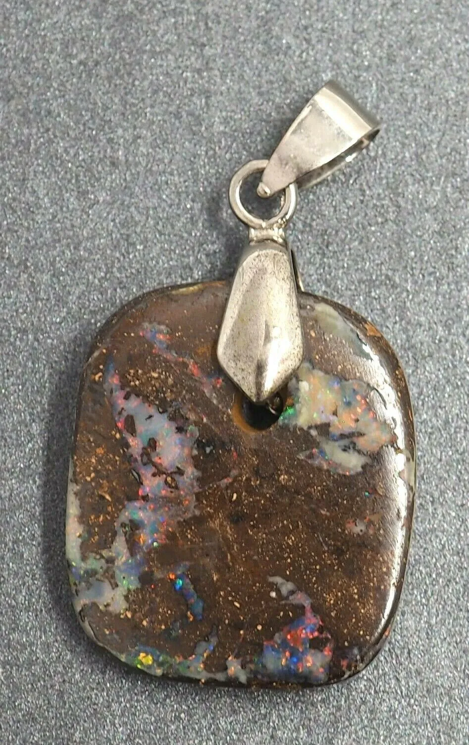 Boulder 18ct White Gold Plated Opal Pendant with Flashes of Red, Blue & Green