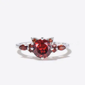 Cat Engagement Ring Round Natural Garnet Wedding Ring for Cat Lover