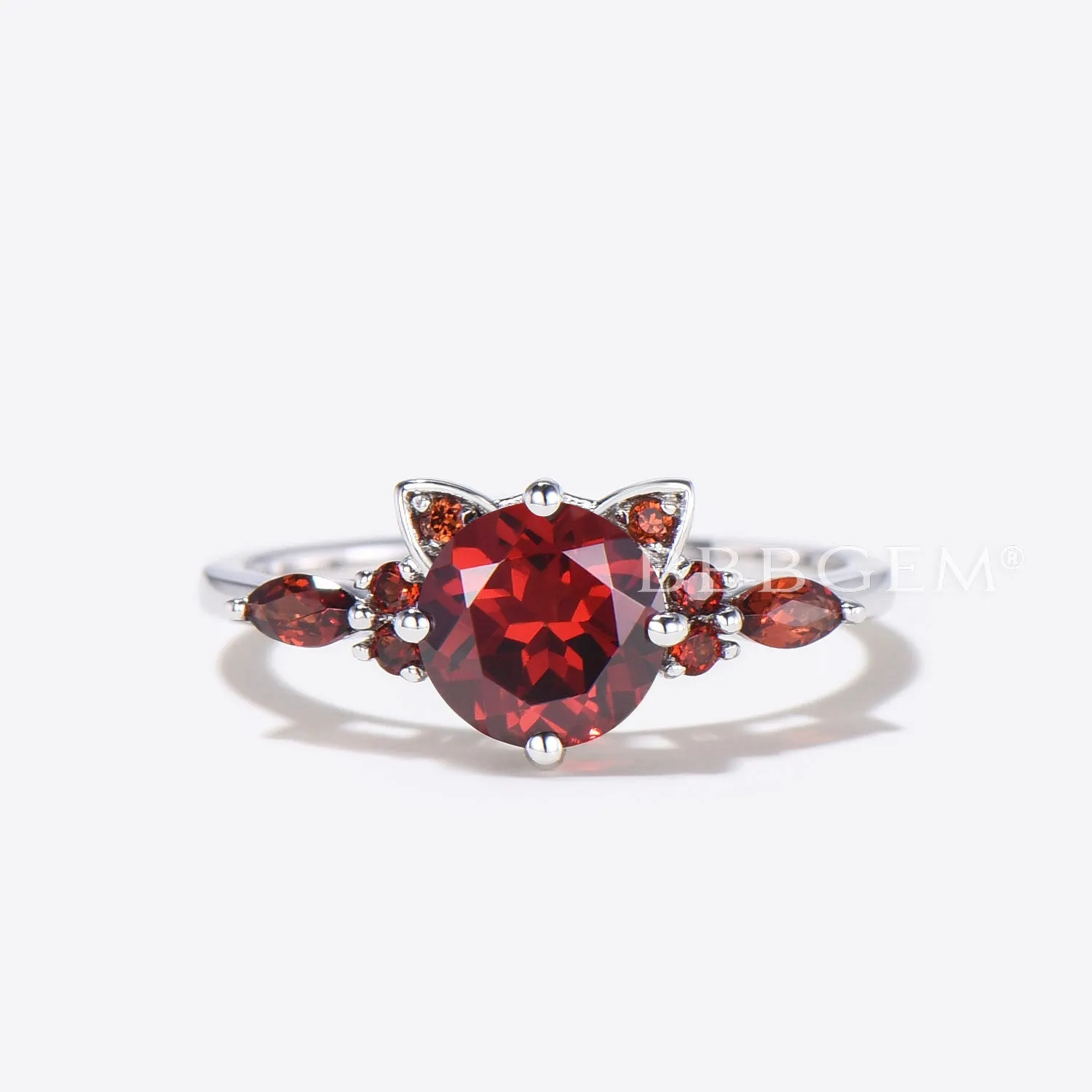 Cat Engagement Ring Round Natural Garnet Wedding Ring for Cat Lover