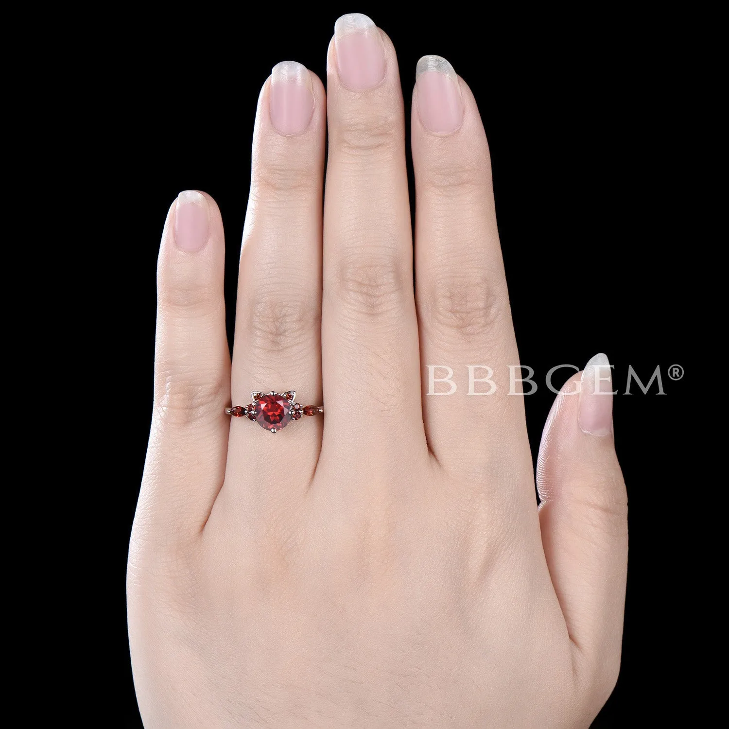 Cat Engagement Ring Round Natural Garnet Wedding Ring for Cat Lover