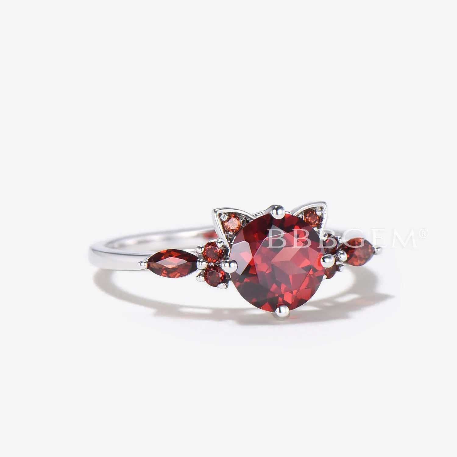 Cat Engagement Ring Round Natural Garnet Wedding Ring for Cat Lover