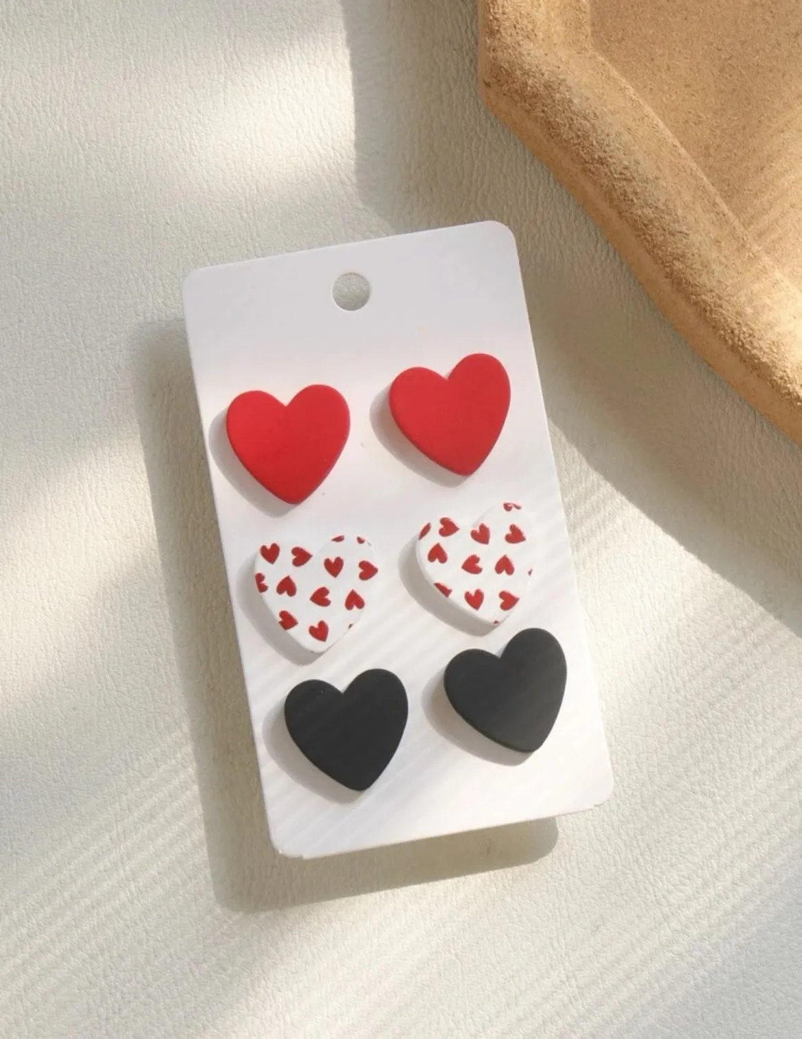 Charming Heart Trio Set: Red, White, and Black Stud Earrings