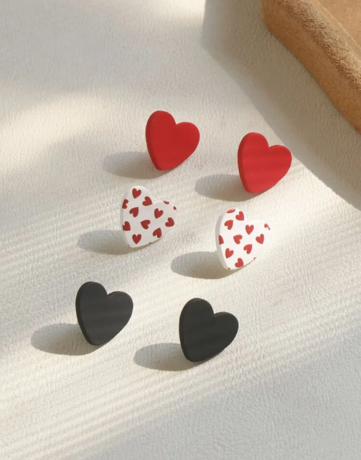 Charming Heart Trio Set: Red, White, and Black Stud Earrings