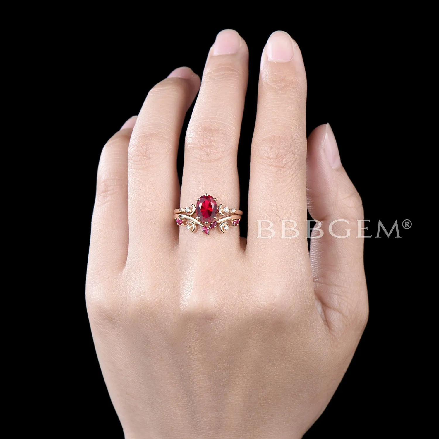 Crescent Moon Ruby Ring Oval Cut Red Ruby Engagement Ring Set