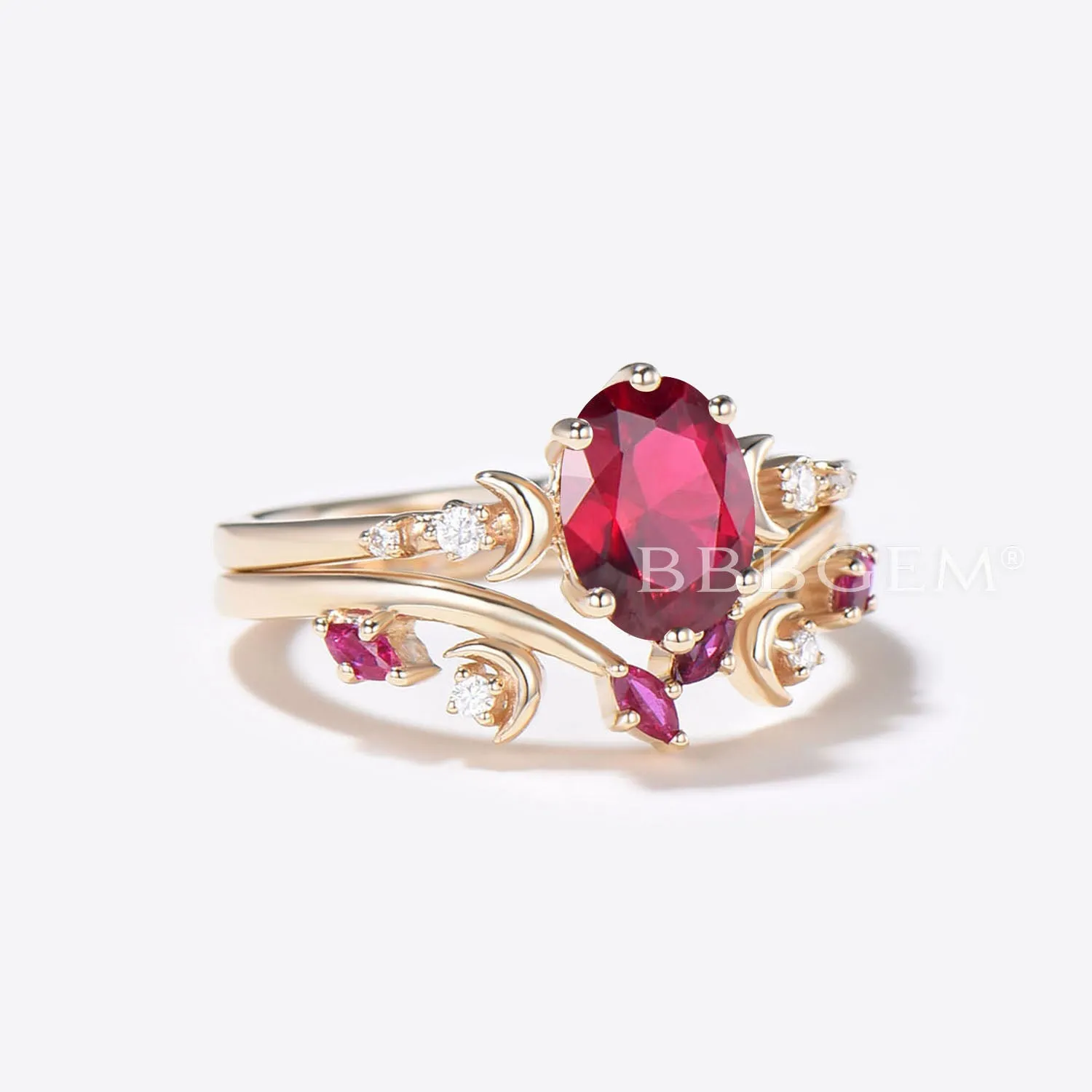 Crescent Moon Ruby Ring Oval Cut Red Ruby Engagement Ring Set