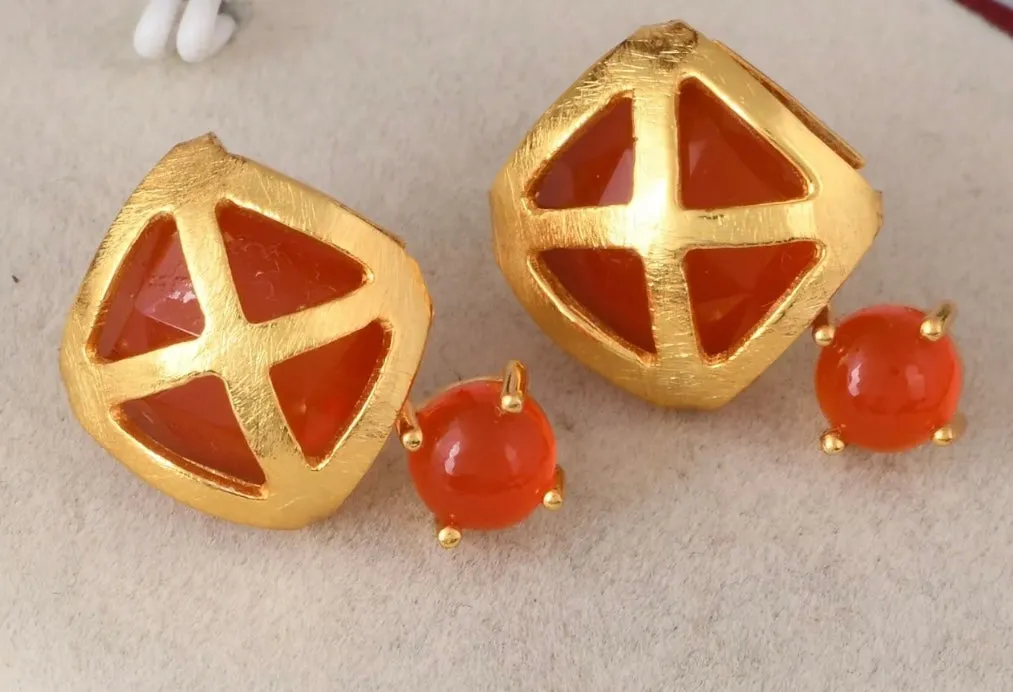 Criss Cross Orange Carnelian Gemstone Gold Stud Earrings 1”