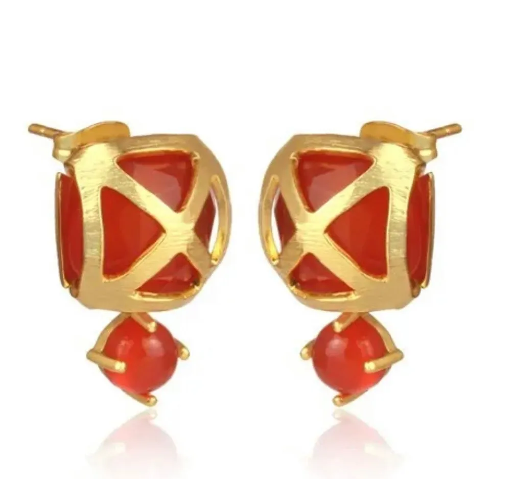 Criss Cross Orange Carnelian Gemstone Gold Stud Earrings 1”