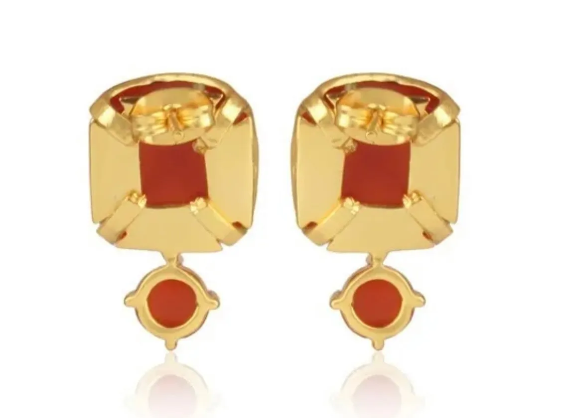 Criss Cross Orange Carnelian Gemstone Gold Stud Earrings 1”