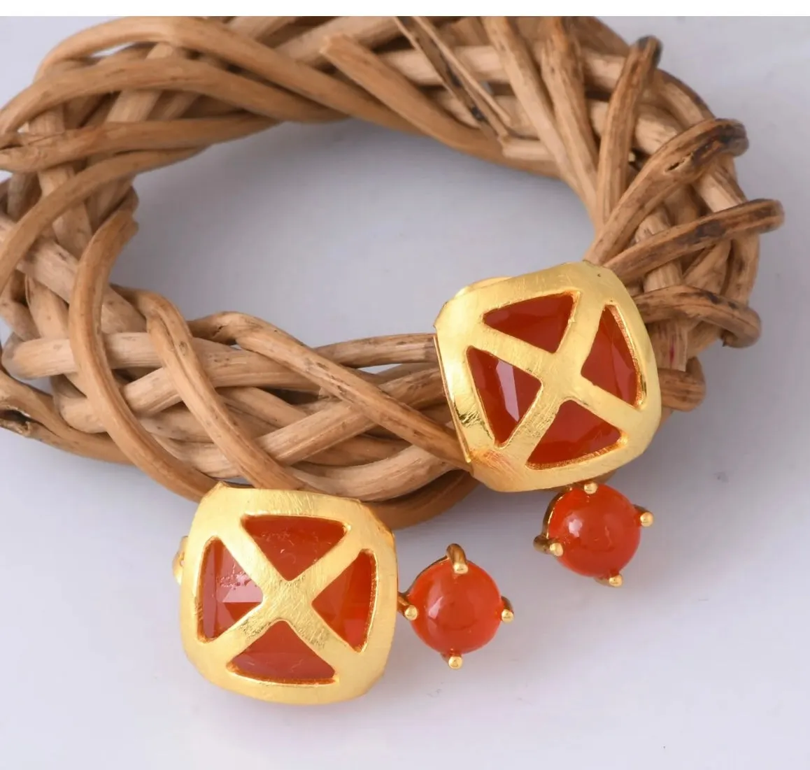 Criss Cross Orange Carnelian Gemstone Gold Stud Earrings 1”