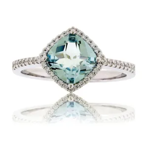 Cushion-Cut Aquamarine with Diamond Halo Ring