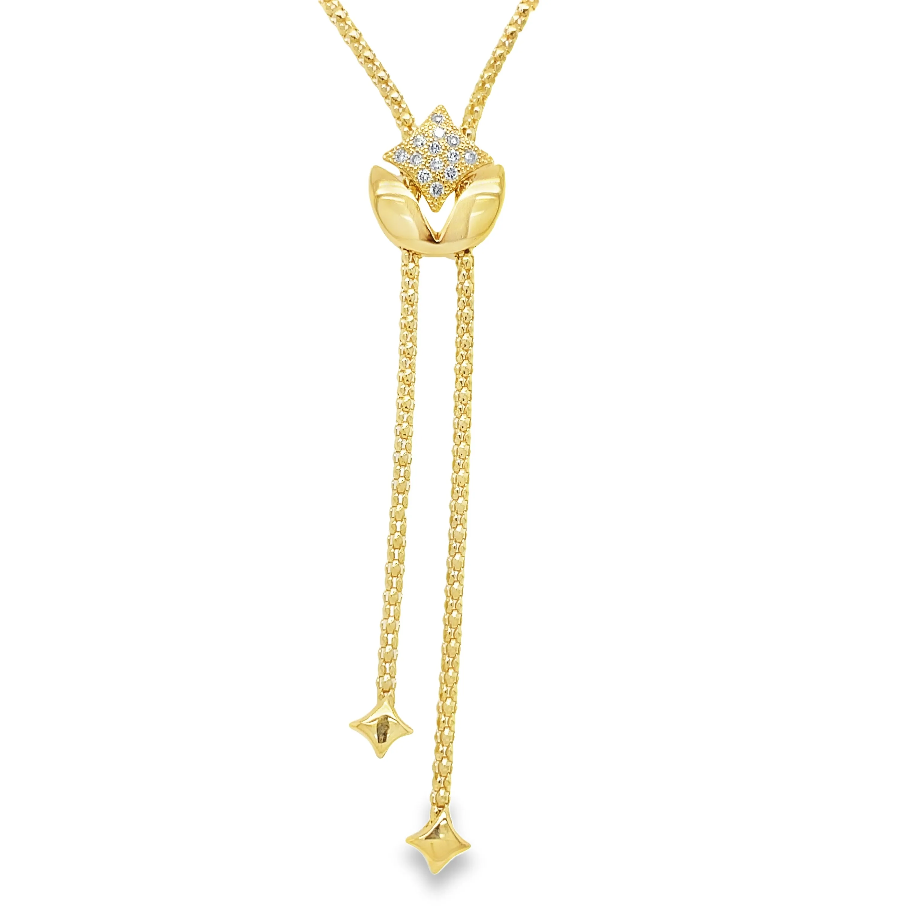 Diamond Star Mesh Style Yellow Gold Italian Lariat Necklace