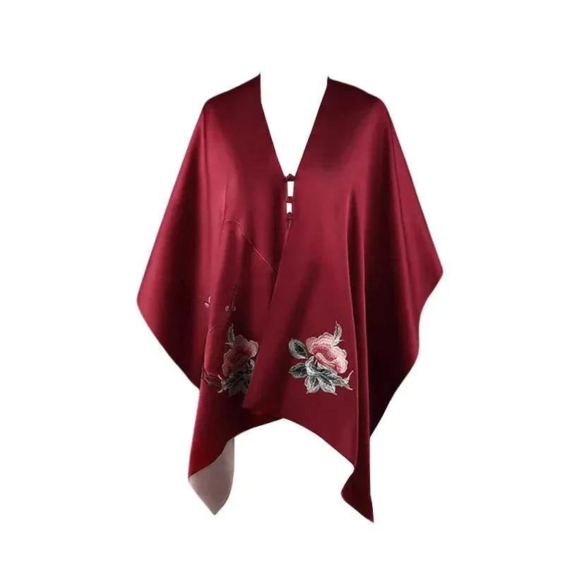 Embroidery Luxurious 16 Momme Silk Satin Red Shawl 185x45cm