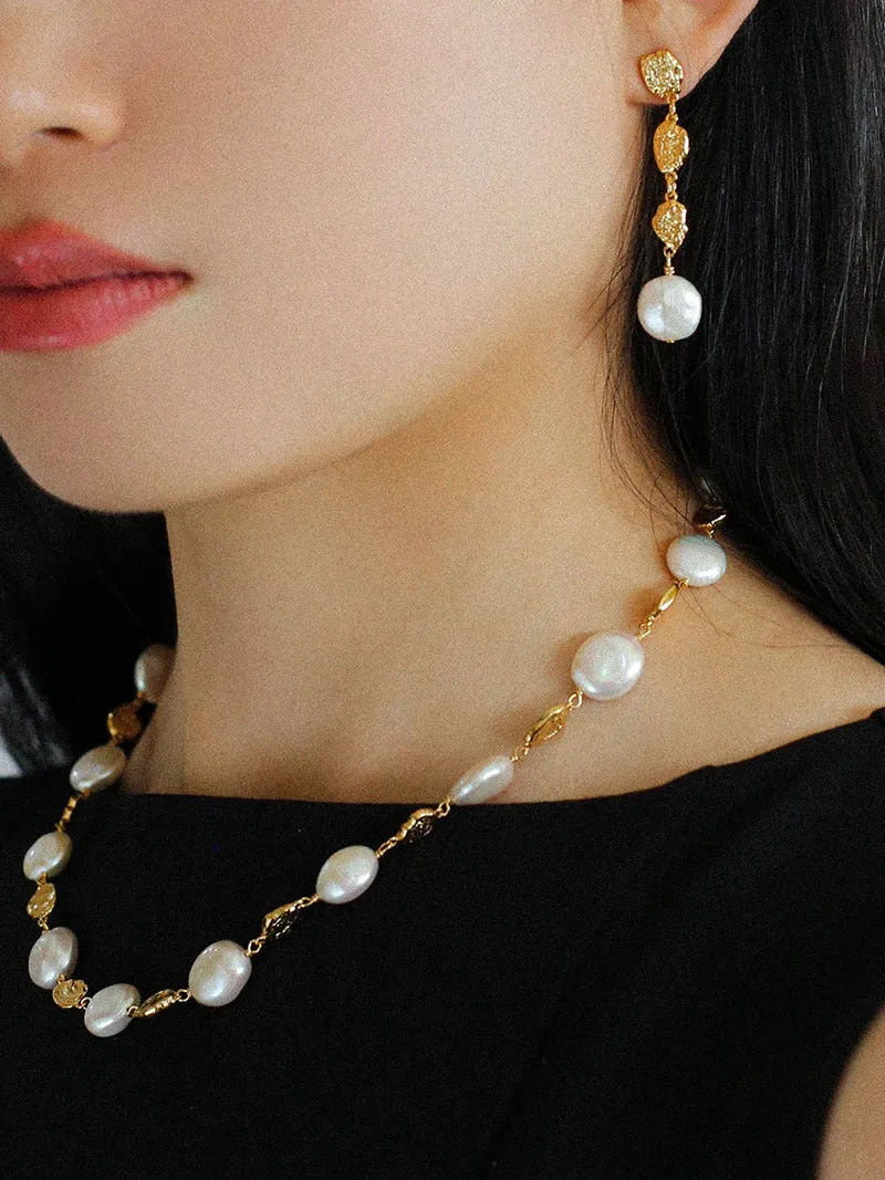 Gold Lava Coin Baroque Pearls Long Drop Earrings