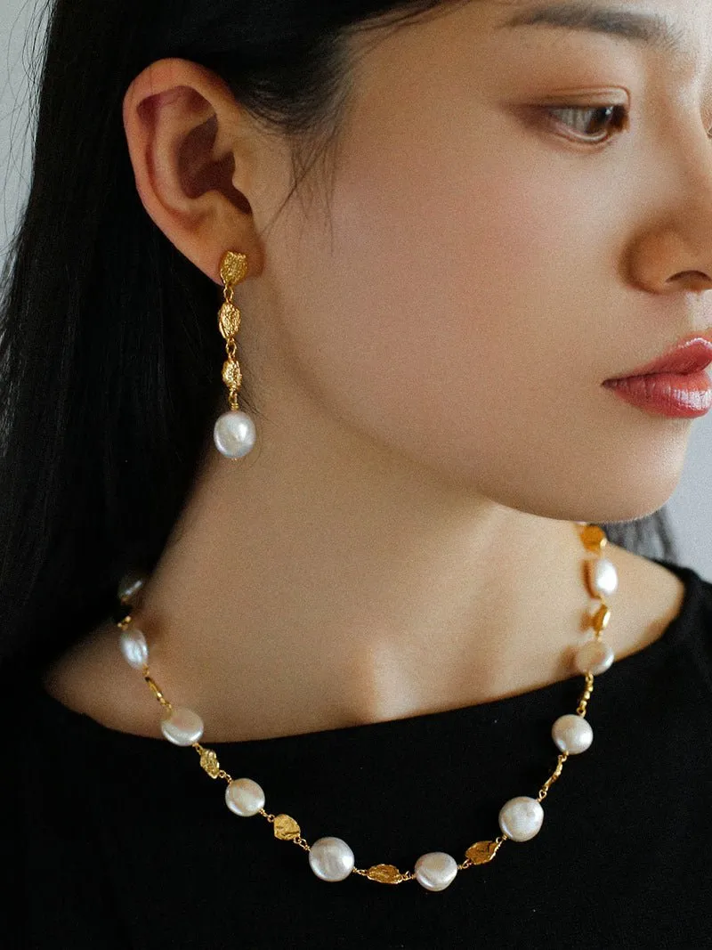 Gold Lava Coin Baroque Pearls Long Drop Earrings