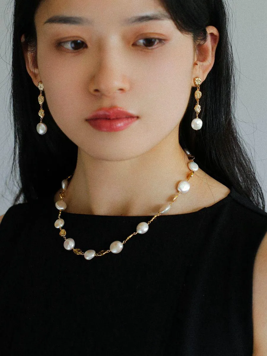 Gold Lava Coin Baroque Pearls Long Drop Earrings