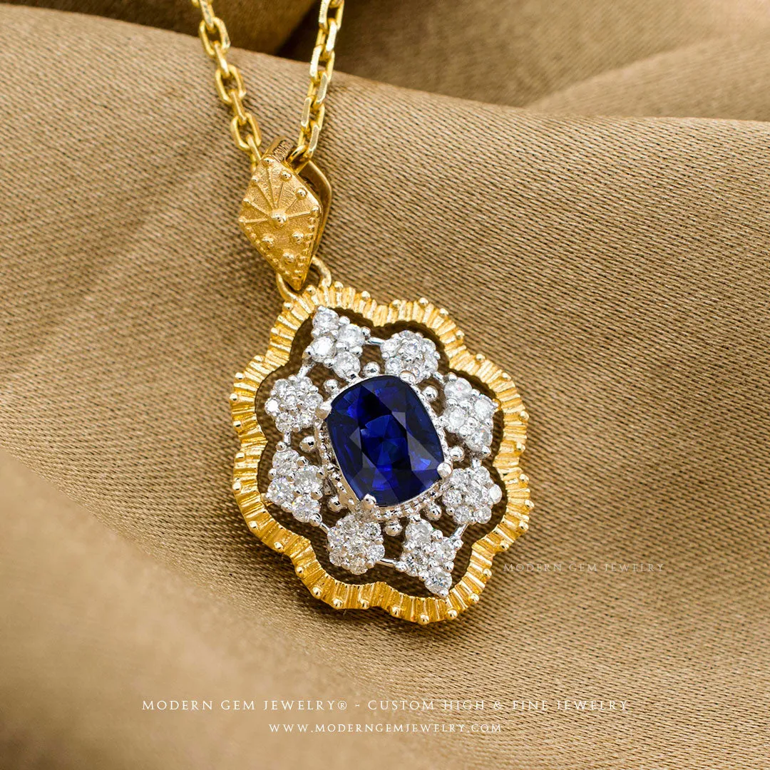 Gold Sapphire Necklace and Diamonds In Double Halo Setting