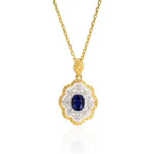 Gold Sapphire Necklace and Diamonds In Double Halo Setting