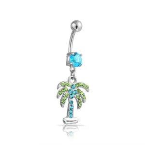 Green Blue Crystal Tree Navel Belly Ring 316L Stainless Steel 14 Gauge